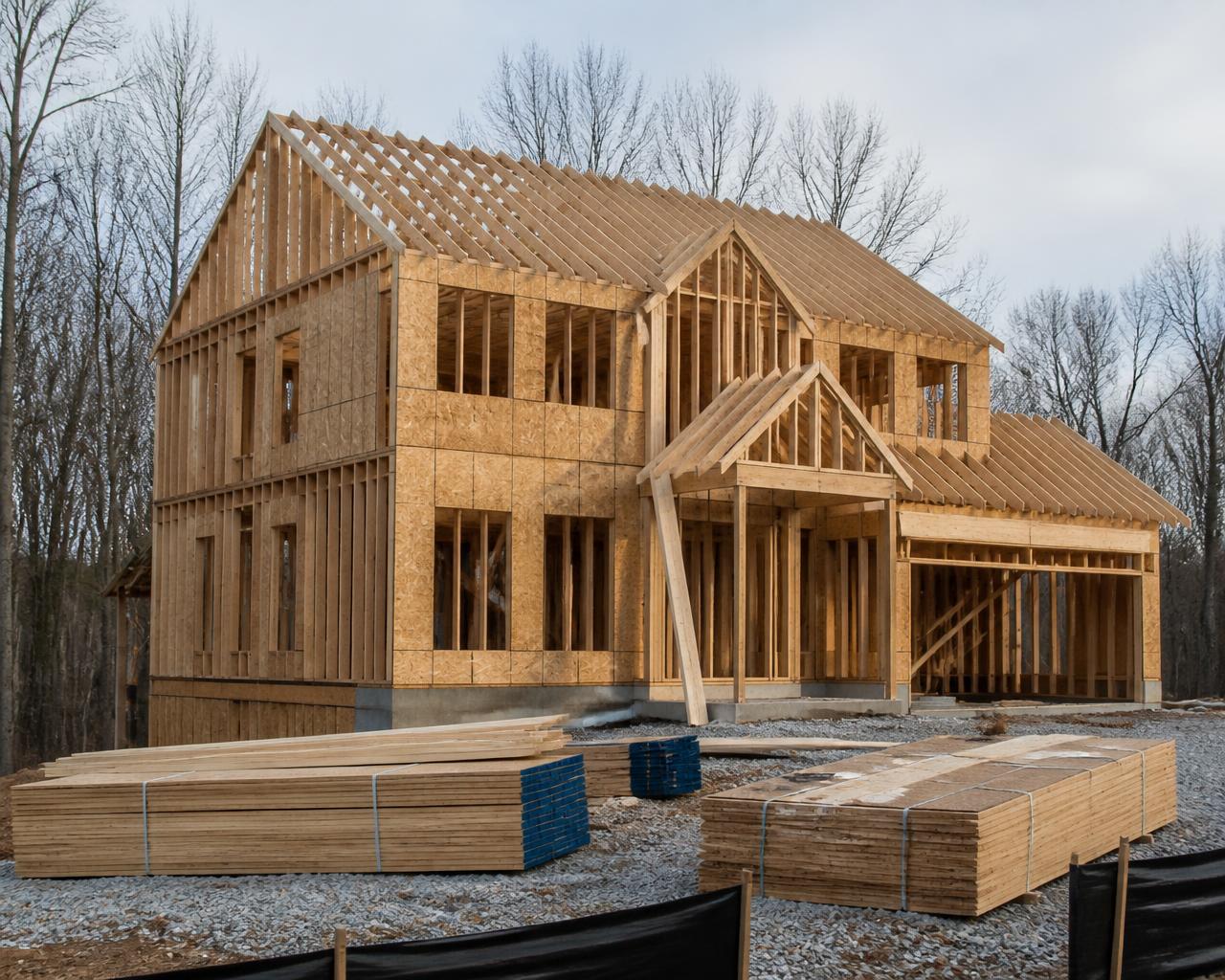 Framed two-story residential home under construction on a tidy job site with stacked lumber