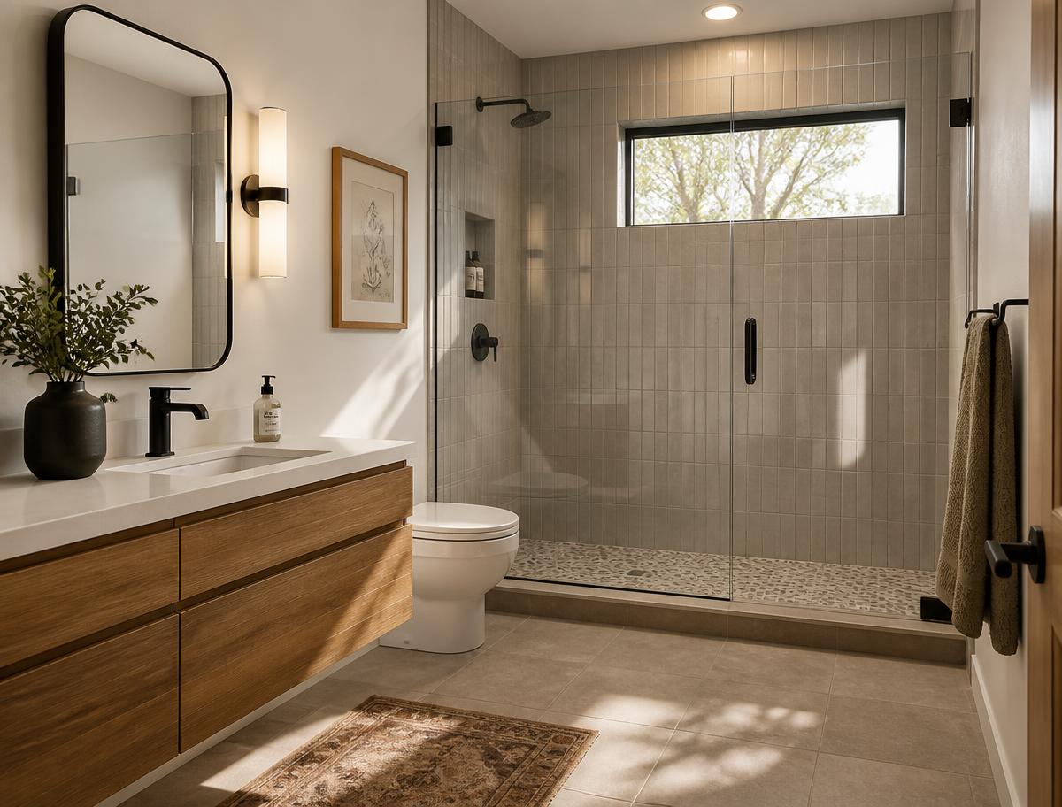 Renovated bathroom with tiled walk-in shower and wood vanity — project inspiration for bathroom remodeling