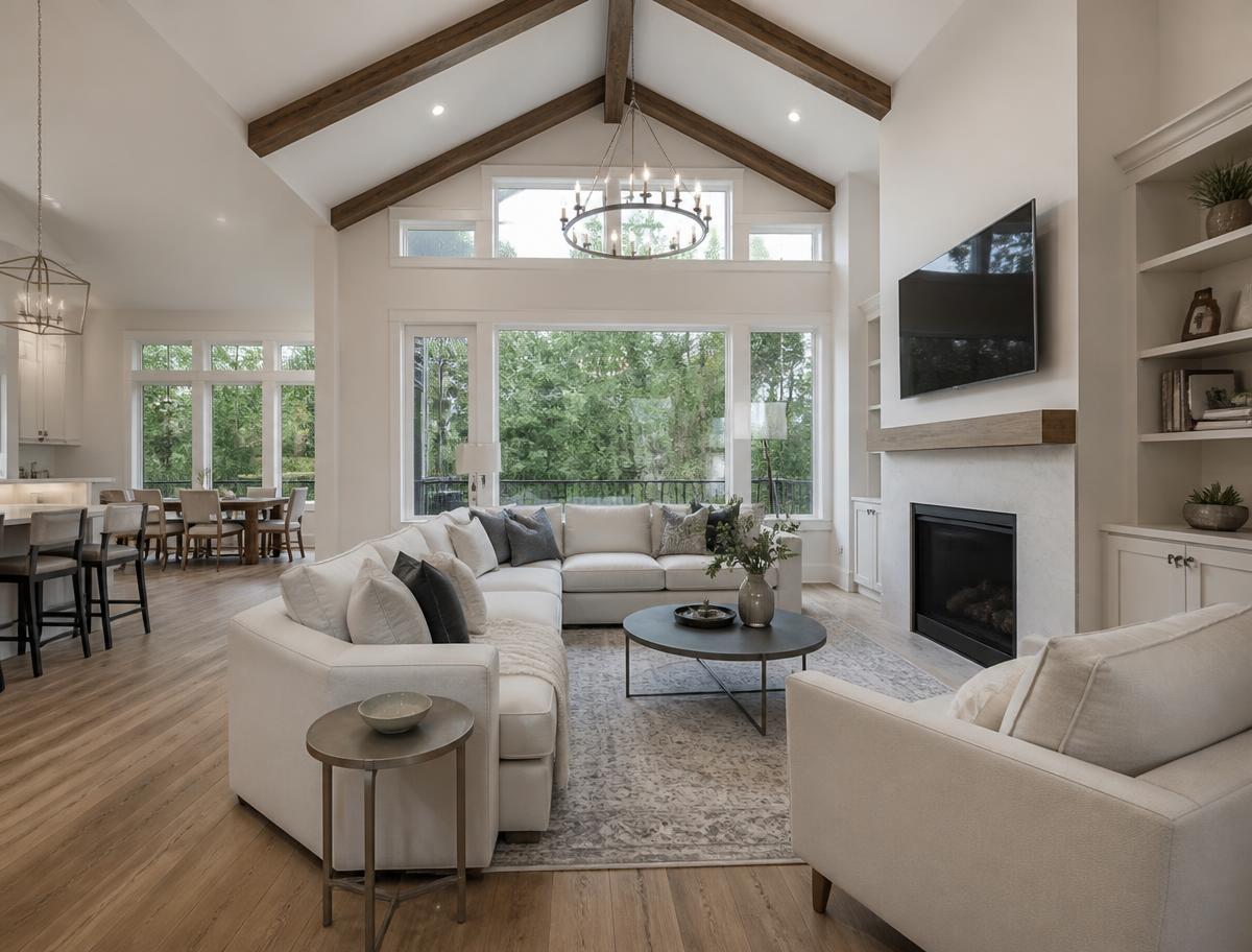 Open-concept living room with vaulted beam ceiling after renovation — project inspiration for whole-home remodeling