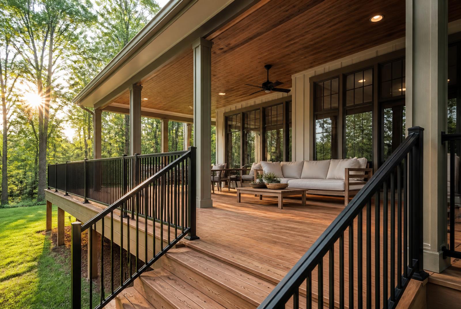 New wood deck and covered porch on a wooded residential lot — concept image for exterior improvements in East Tennessee